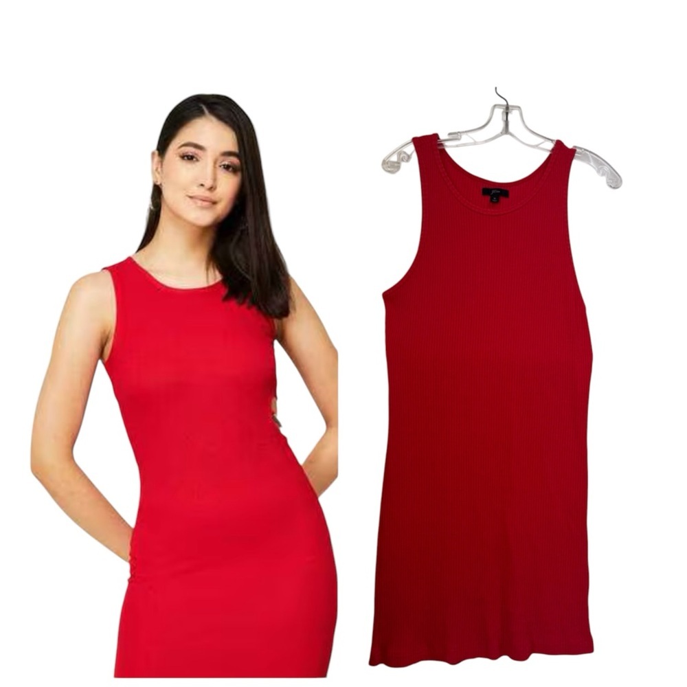 J CREW Ribbed Knit Sleeveless Tank Midi Dress Stretch Straight Preppy Red Tee M